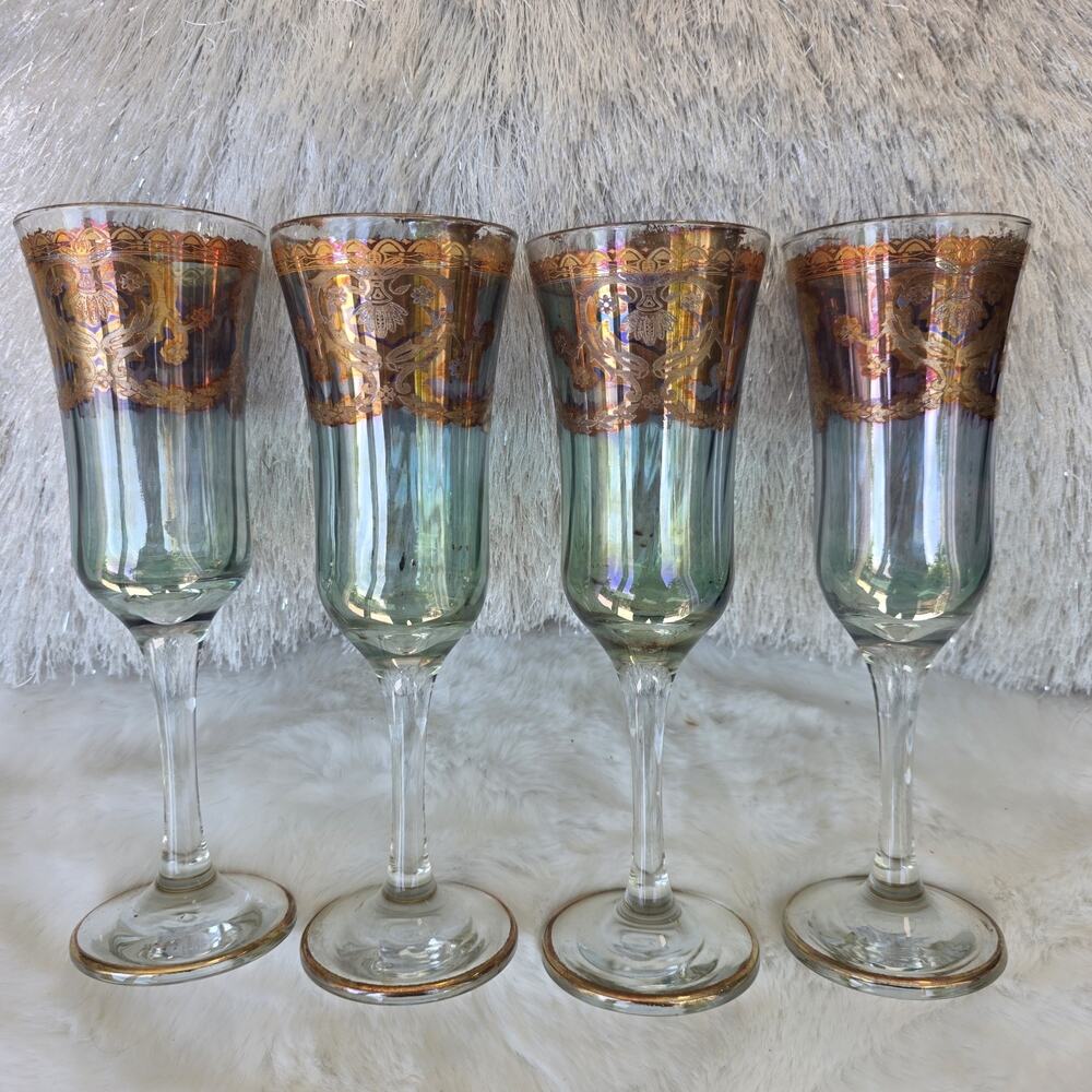 J Preziosi Lavorato A Mano Italy Wine/Water Glass Gold Trim 8.5" Champagne